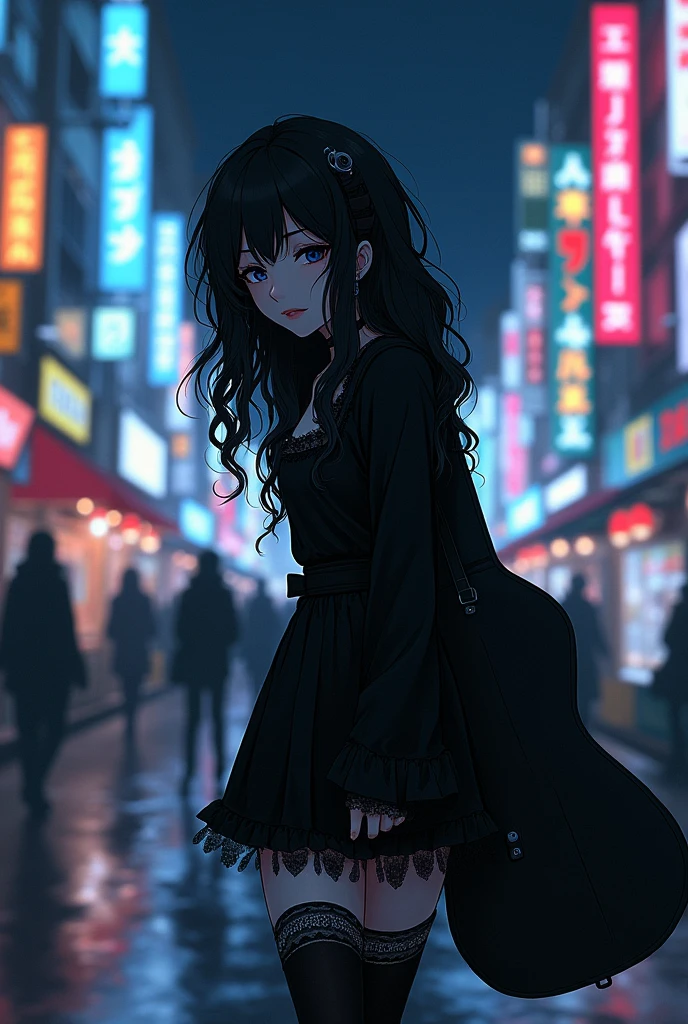 Goth Anime Style Girl, similar to Nana Osaki, long curly hair, walking alone with a guitar on the streets of Tokyo at night