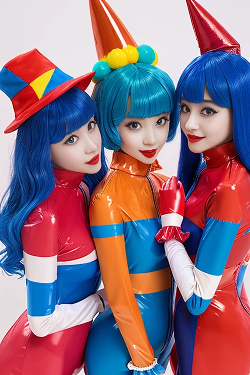 Three clown girls clowning Rubber Suit hair color: blue(1.1) Japanese Red and blue clown suit Two-pronged clown hat Clown makeup