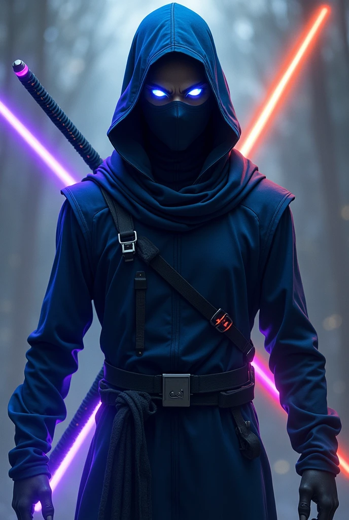 Blue ninja suit,has a jet black body and is masked. blue eyes,Glowing Green Eyes,Glowing Red eye,Has 5 eyes including Shining Purple eyes and Shining White eyes and has medium muscle mass.,An anime man with one purple aura sword and one orange aura sword positioned diagonally behind him.