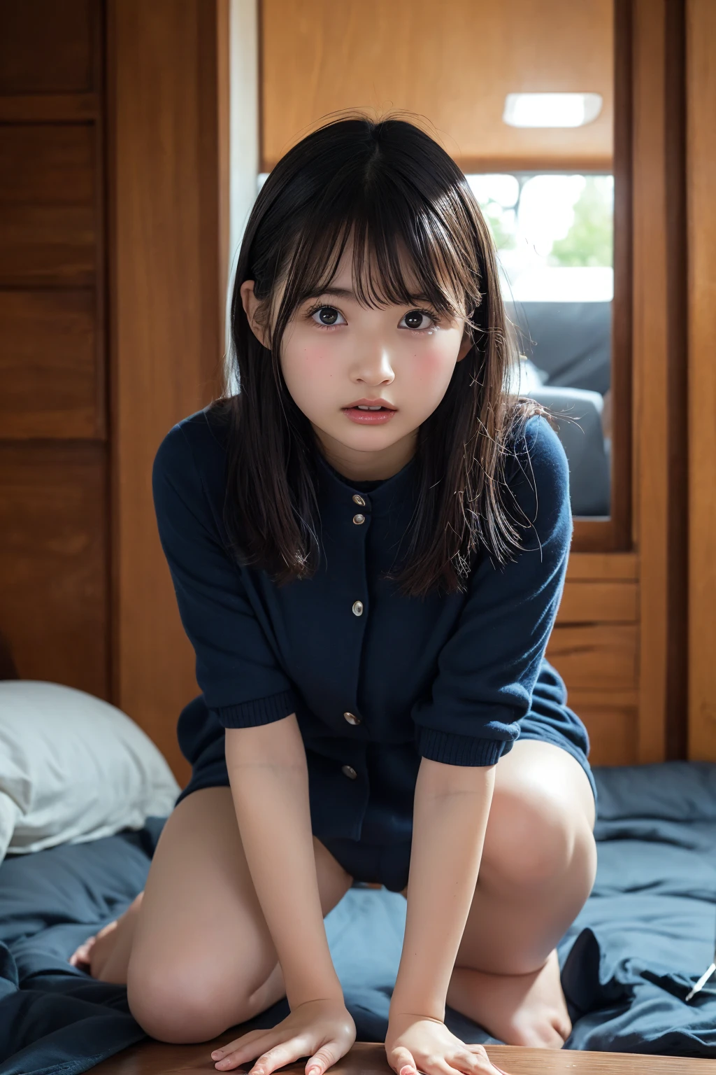 (masterpiece, highest quality:1.4), Award-winning portraits, 8K, 85mm, alone, Beautiful Face, Delicate girl, grace, Sophisticated, cute, , 15 yw photo, Disorganized, HDR, Background bokeh、(((Flat 、A slim and delicate body、A youthful atmosphere、Full Body)))、Her shiny, medium-long hair is tied up.、Mole on the left cheek、Large, round, dark blue eyes、Full Body、Junior idol、Nogizaka Idol、Mole under the eye、sexy、((basement、Embarrassing appearance、Anxious expression))、Fine-grained beautiful skin、naked、topless
