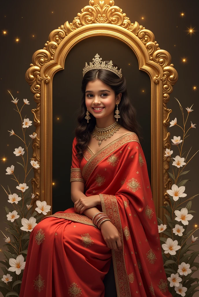 captivating fantasy digital artwork featuring a 2 Indian girl , exuding grace and elegance. She sits majestically behind a decorative plaque inscribed with 'CHIREC INTERNATIONAL SCHOOL'. The girl is dressed in a stunning red designed saree and a delicate crown, her smile illuminating her face. The plaque is adorned with intricate golden borders and designs, enhancing the scene's opulence. Delicate white flowers surround her, and golden sparkles create a magical aura in the dark fantasy atmosphere. The muted brown background contrasts with the artwork's vivid colors, highlighting the artist's exceptional talent and immersing the viewer in a fantastical world., vibrant, photo, dark fantasy, typography
