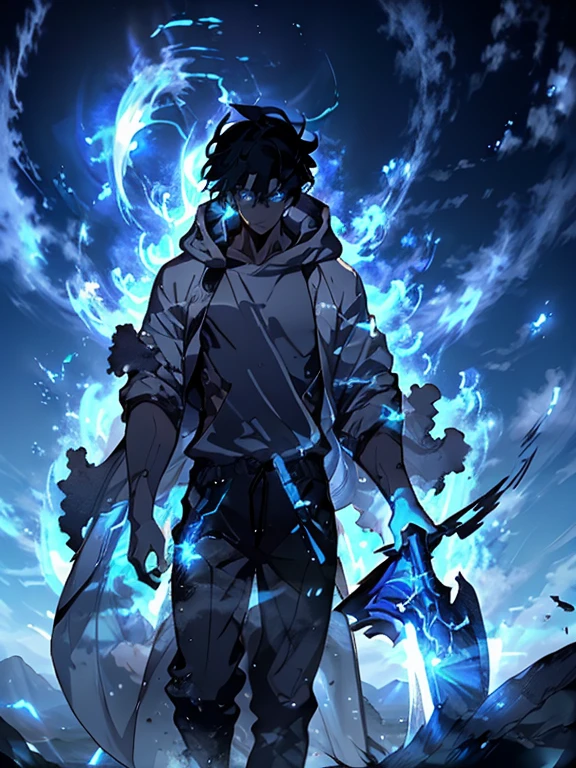 1 person,male,Muscular,, Cloud mountain background, Wearing a white oversized hoodie, Angel, Azure-blue eyes, High resolution, 4K, 8k, 超High resolution, aura,silver aura coming out of hands, Standing in the middle of a shining cloud, The wind is blowing strongly
