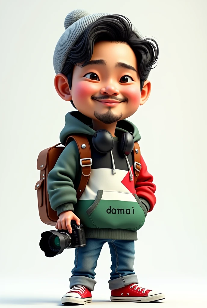 3d caricature, big head, short Asian man, wavy hair, slightly beardless face, wearing a gray beanie, gamer headphones around his neck, wearing a thick hoodie with an abstract pattern of the Palestinian flag it says "DAMAI letter on it", carrying a leather backpack, carrying a camera with a telephoto lens, wearing jeans and Allstars shoes