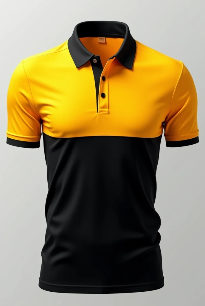 A black polo t shirt with 3 buttons, polo material. with half of the top part of t shirt being yellow color