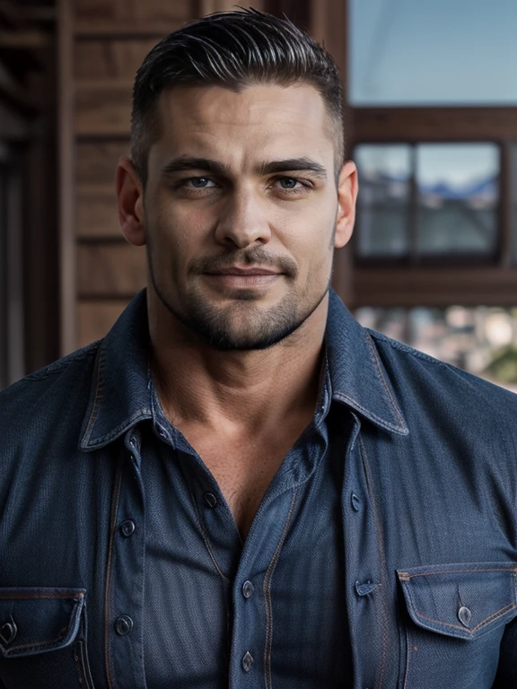 masterpiece, Best Quality, high resolution, Close-up portrait, (1 chico:1.4) A man in a lumberjack suit (full body pictures, muscular, (with shirt: 1.2) male focus, focus alone, tanned skin, 38-year old man, muscular, strong, furry, masculine, (shirtless: 1.2), HdR, volumetric lighting, (plano general, from the front:1.2) (GS-Macho :1.5) (magnificent landscape:1.2). blue jeans ,close up, 30 años edad , Beatiful face