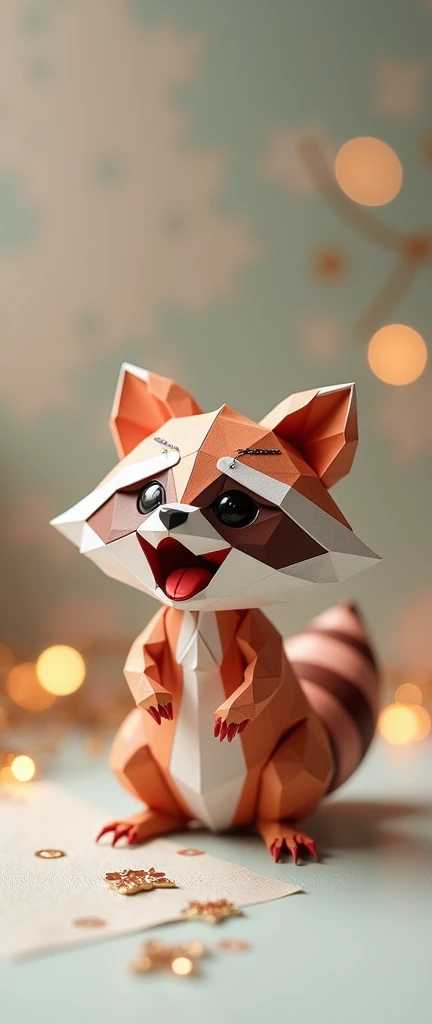 A charming 3D render of an adorable  raccoon, known as a Kawai, made out of intricate origami patterns with crystal accents. The raccoon is growling playfully, showcasing its cute, fluffy appearance and piercing eyes. The origami is meticulously crafted, displaying a level of skill and detail that brings the baby raccoon to life. The background showcases a subtle, elegant pattern, allowing the focus to remain on the intricate origami creature., 3d render, product