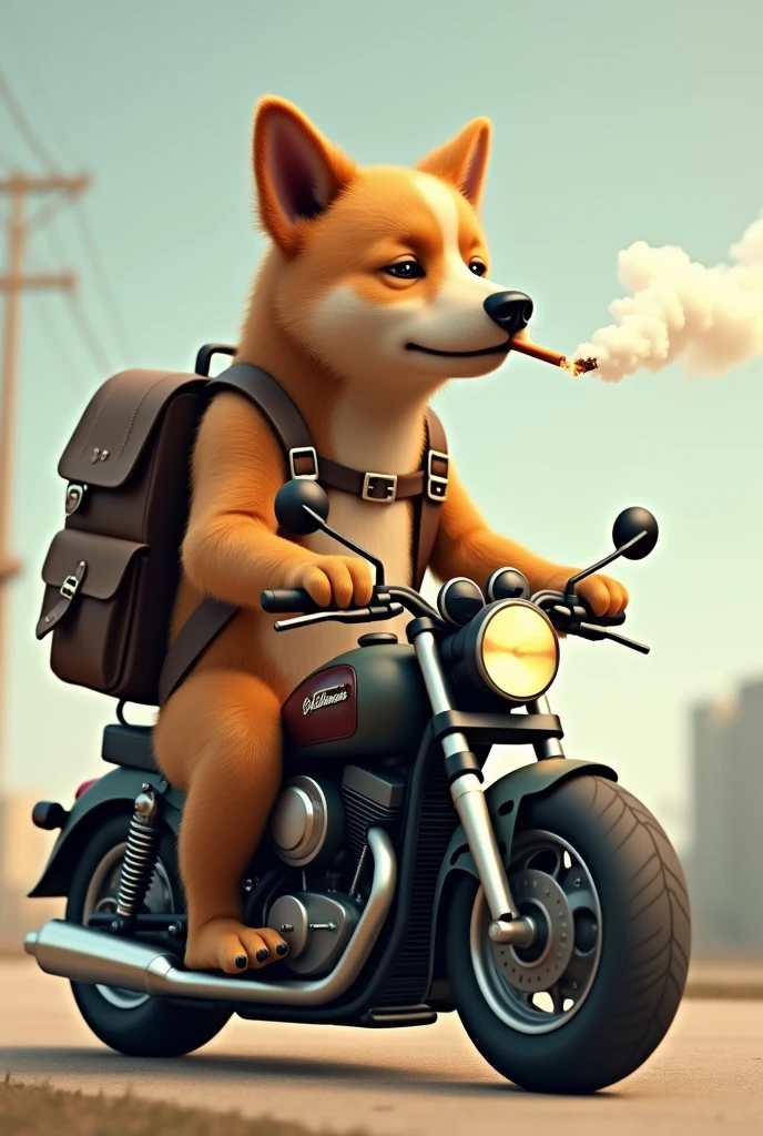 A caramel dog smoking on top of a motorcycle with a backpack on his back from ifood