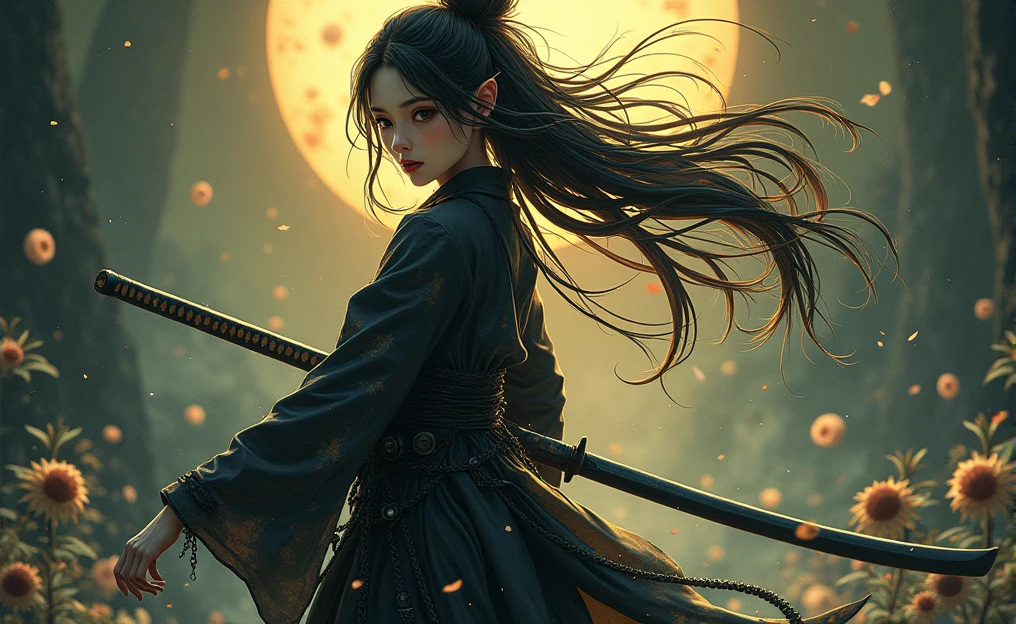 The figure of a samurai girl wielding a katana that seems to be permeated by a dark energy, the girl is Asian with a pale complexion, Deep black eyes and long hair tied with the flow of water, His clothes look like they're from some kind of robot., The foliage is dark with golden highlights