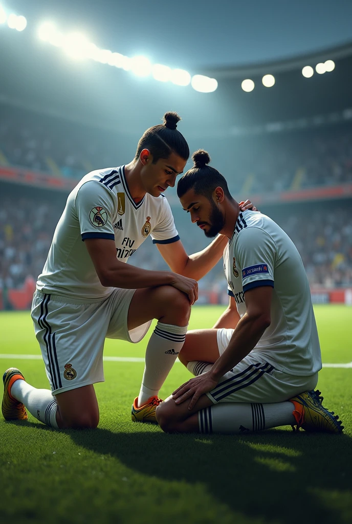 Create Cristiano Ronaldo of the present in Al Nassr uniform crying on the ground and being comforted by Cristiano Ronaldo of Real Madrid in a football stadium