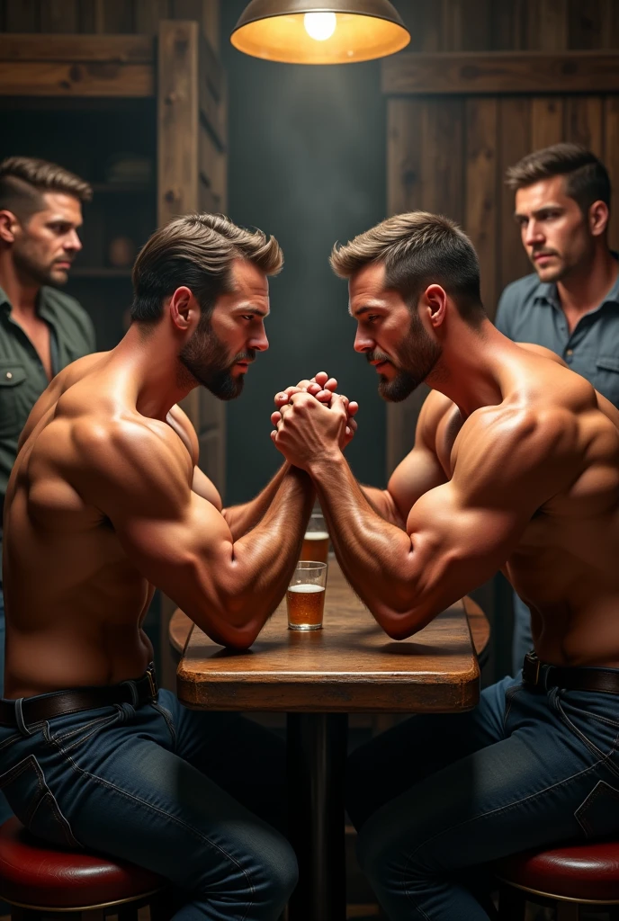 2 beautiful handsome man sitting playing arm wrestling strength games in a cowboy bar while the other 3 handsome men look at him