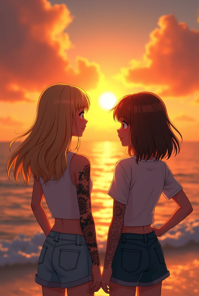 A couple of two girls watching the sunset, one girl has blonde hair and has a tattoo on her right arm, the tattoo is all over the arm, only one girl and the other has straight hair and the hair size is medium, the hair color is brown and watching the sea on a beach with the sunset without a skirt ,that they have normal clothes and that they don't have bangs
