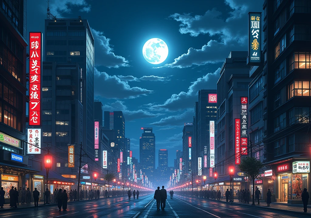 a night scene in a Japanese city, bright neon lights, Skyscraper, illuminated streets, cloudy sky with bright moon, Warm colors reddish tones , cinematic lighting, Stunning cityscape, Very detailed, dramatic atmosphere, with a semi-realistic style.