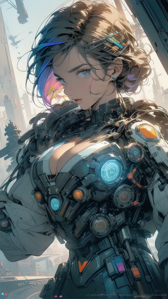 (((masterpiece, highest quality))),(((solo:1.2))),(((1girl:1.2))),32k wallpaper, very detailed, poster, vintage science fiction,(((((geometric cinematic movie poster))))), ((((bauhaus)))),(((abstract))),((((mid century modern)))),(((((portfolio))))),(((((Close-up))))),(((((bust up))))),((((more various angle)))),(((highlight))),(((complete. detailed face))),(((Extremely talented))),(((most complecated machine))),(((Overall colorfully))),((((((Absolutely simple background)))))),(((((detailed futuristic machine))))),(((Cleavage))),(((marvel super heroes))),(((rainbow color scheme))),(((Very detailed UI))),(((So many meters))),(((Perpetual Motion Machine)))