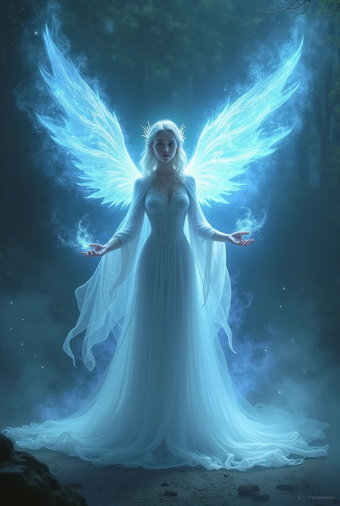 female fey sorcerer, creating a phoenix with her aura, phoenix is ethereal, hazy, semi-transparent, half aura, mystical and powerful, glowing with a soft anthraquinone blue light, surrounded by a mystical atmosphere, delicate yet fierce, floating in the air