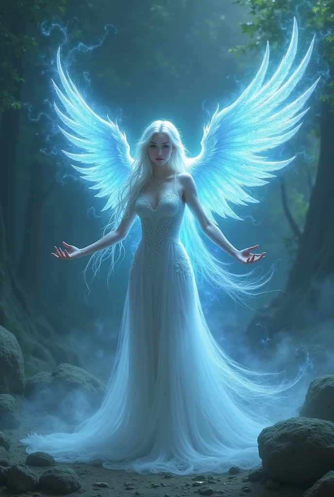 female fey sorcerer, creating a phoenix with her aura, phoenix is ethereal, hazy, semi-transparent, half aura, mystical and powerful, glowing with a soft anthraquinone blue light, surrounded by a mystical atmosphere, delicate yet fierce, floating in the air
