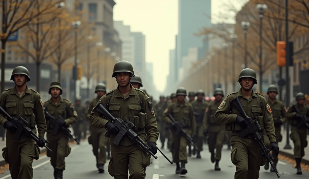 a photo of a group of soldiers marching down a street, armed soldiers, several soldiers, japan soldier in world war 2, chinese men in a prison, ww1 photo, slide show, war photo, soldiers running, taken on a ww 1 camera, war photograph, some of them use gas masks, korean war, soldiers charging in, historical image