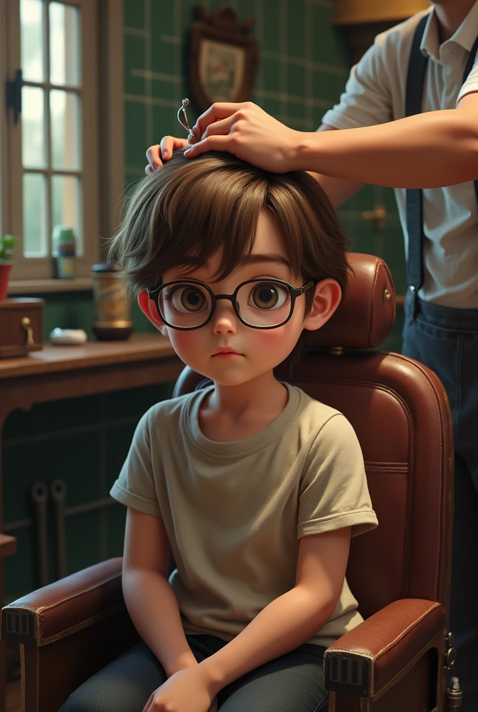 A haircut for a white-rimmed boy with glasses, Light brown hair, medium long broken hair,real life the image