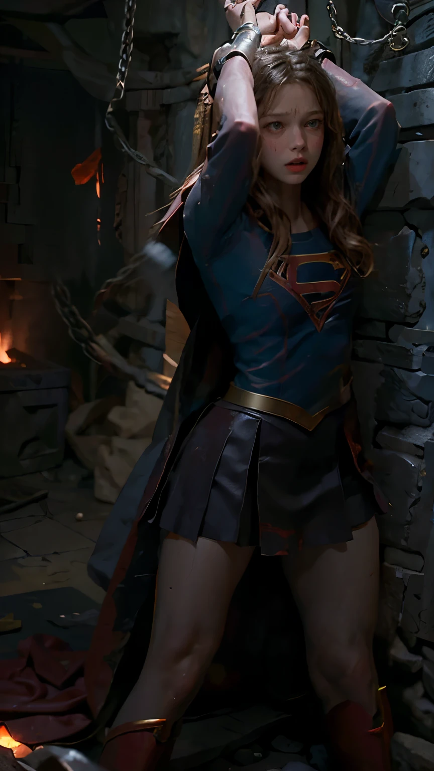 a handcuffed supergirl getting raped, cave, bdsm, bondage, , , forced, sexual intercourse, handcuffed, restrained, squirting, photorealistic, Melissa Benoist as supergirl, red tattered skirt,