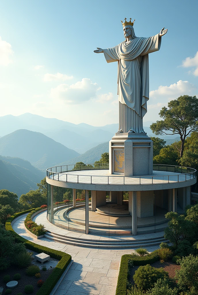 Create an image with these characteristics taking into account that there is a single-terrace monument of Christ the King with the following characteristics:
A semi-circular terrace around the base of Cristo Rey that allows panoramic views.
Add gardens or seating areas with native flora and stone benches.
Panoramic pergola: A lightweight roof with a modern design that partially covers the viewing platform to provide shade without obstructing the views.
Glass railings: Use reinforced glass railings on platforms to maximize views and maintain safety without interrupting the visual connection with the surroundings.
Rest and meditation areas: Include benches and small meditation or recreation areas around the viewing platform, with direct views towards Cristo Rey, so that visitors can relax and reflect in a peaceful environment.
Interactive spaces: Create information panels on the history and culture of São Paulo, The meaning of Christ the King and the biodiversity of the region.