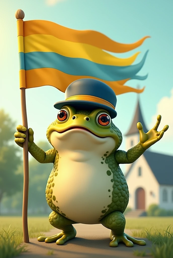 A pretty toad, holding in its paws a flag with horizontal yellow and light blue stripes. Let the toad have a typical marching band hat, and in the background there is the silhouette of a church