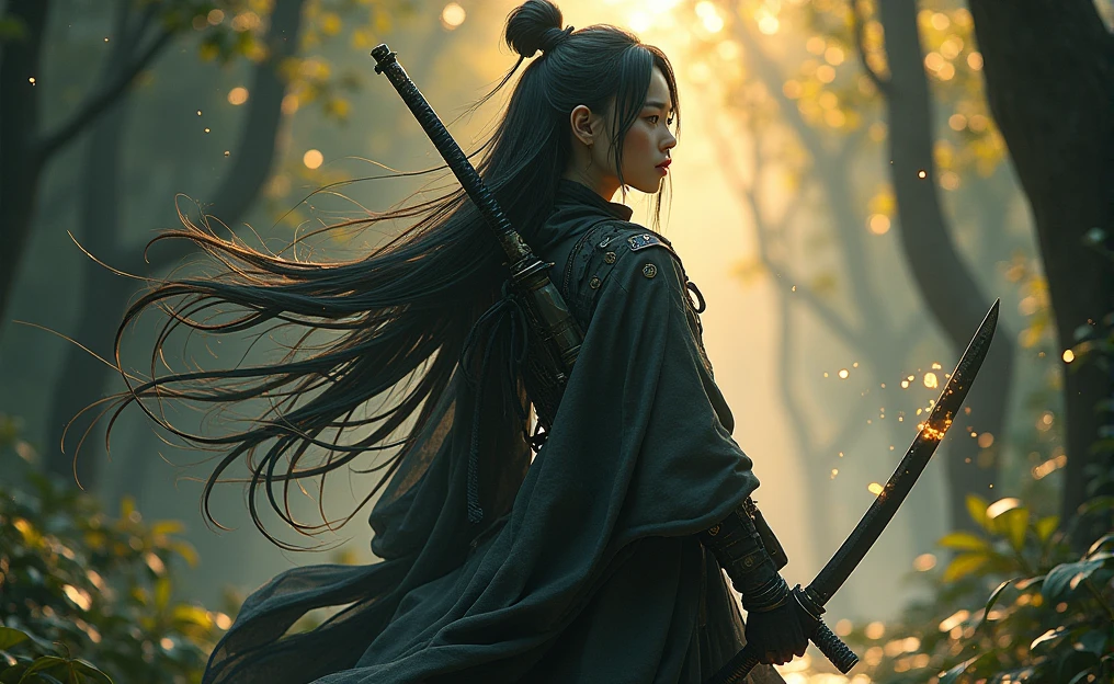 The figure of a samurai girl wielding a katana that seems to be permeated by a dark energy, the girl is Asian with a pale complexion, Deep black eyes and long hair tied with the flow of water, His clothes look like they&#39;re from some kind of robot., The foliage is dark with golden highlights