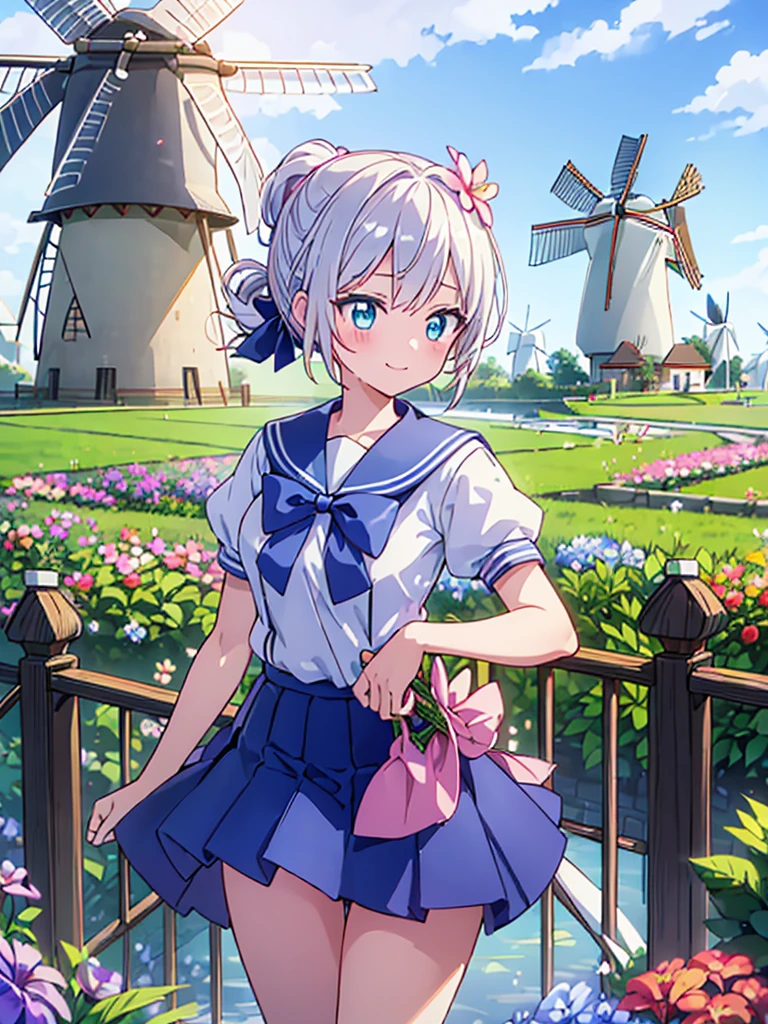 end \(Blue Archive\),(Hair tied up:1.3), Holding a brass instrument, Braiding, blue Sailor collar, white bow, Ahoge, bowtie, smile, school uniform, Sailor collar, water着, White Background, Open your mouth, alone, Platinum Blonde Hair, Hello, hair bow, Small breasts, bow, Green Eyes, water, blush, Thighs, pinkの パンツ, Hair between the eyes, Wet, Pants with lace trim, No pants, Short sleeve, One person, View your viewers, Are standing, pink bowtie,Cowboy Shot, pink, underwear, white shirt, Stomach, shirt, pussy juice stain panties ,(A flower garden with a windmill in the distance:1.5),(A gorgeous gate reminiscent of a garden palace:1.4)