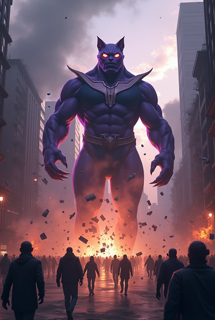 City Under Siege**: Illustrate Thanoscat wreaking havoc on a city, with buildings crumbling and chaos unfolding.