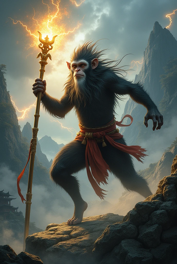 Create a dynamic and intense scene featuring Wukong, the Monkey King, in a mystical, ancient Chinese landscape. Wukong is mid-action, wielding his iconic golden staff, which glows with powerful energy. His fur is dark and slightly rugged, with a determined expression on his face, showcasing his legendary agility and strength. The environment is a mix of towering mountains, dense forests, and ancient temples, shrouded in mist. A storm brews in the sky, with flashes of lightning illuminating the scene, adding drama and intensity. Mythical creatures, such as dragons or spirit animals, can be subtly visible in the background, enhancing the mythological atmosphere. The overall tone should be epic and dark, capturing the essence of Wukong's legendary journey.

