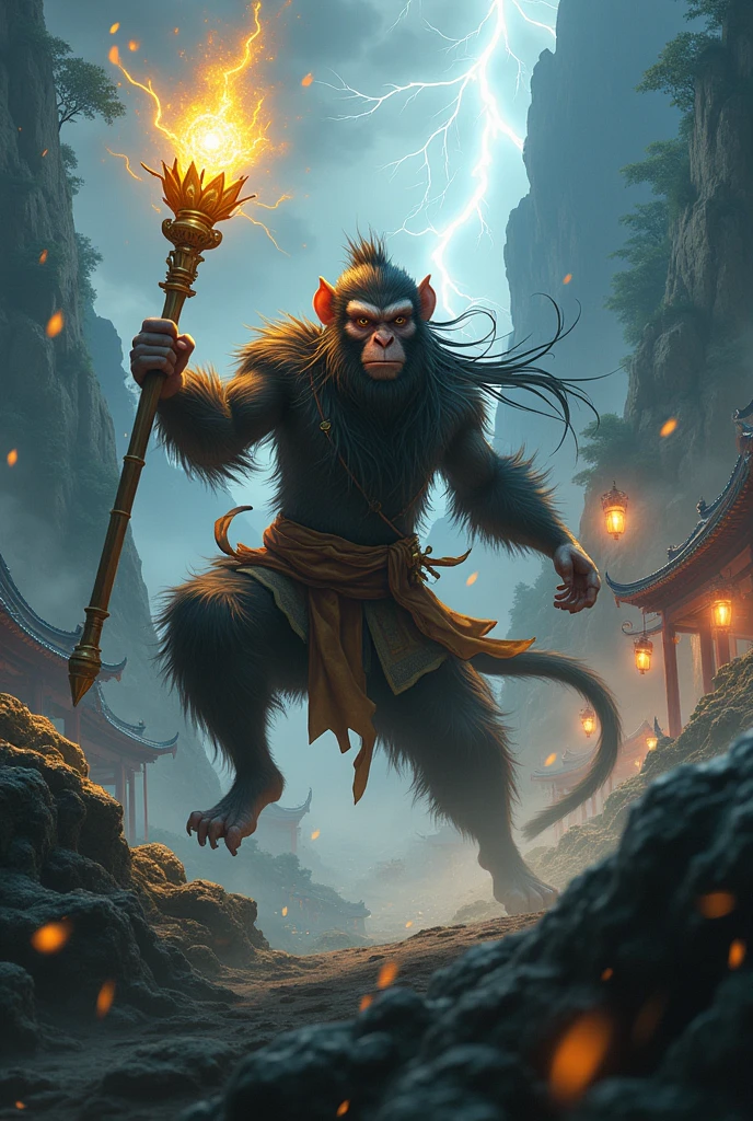 Create a dynamic and intense scene featuring Wukong, the Monkey King, in a mystical, ancient Chinese landscape. Wukong is mid-action, wielding his iconic golden staff, which glows with powerful energy. His fur is dark and slightly rugged, with a determined expression on his face, showcasing his legendary agility and strength. The environment is a mix of towering mountains, dense forests, and ancient temples, shrouded in mist. A storm brews in the sky, with flashes of lightning illuminating the scene, adding drama and intensity. Mythical creatures, such as dragons or spirit animals, can be subtly visible in the background, enhancing the mythological atmosphere. The overall tone should be epic and dark, capturing the essence of Wukong's legendary journey.

