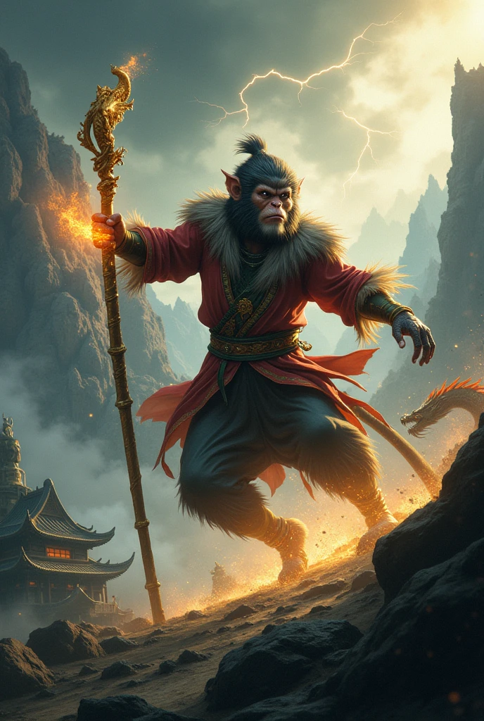 Create a dynamic and intense scene featuring Wukong, the Monkey King, in a mystical, ancient Chinese landscape. Wukong is mid-action, wielding his iconic golden staff, which glows with powerful energy. His fur is dark and slightly rugged, with a determined expression on his face, showcasing his legendary agility and strength. The environment is a mix of towering mountains, dense forests, and ancient temples, shrouded in mist. A storm brews in the sky, with flashes of lightning illuminating the scene, adding drama and intensity. Mythical creatures, such as dragons or spirit animals, can be subtly visible in the background, enhancing the mythological atmosphere. The overall tone should be epic and dark, capturing the essence of Wukong's legendary journey.