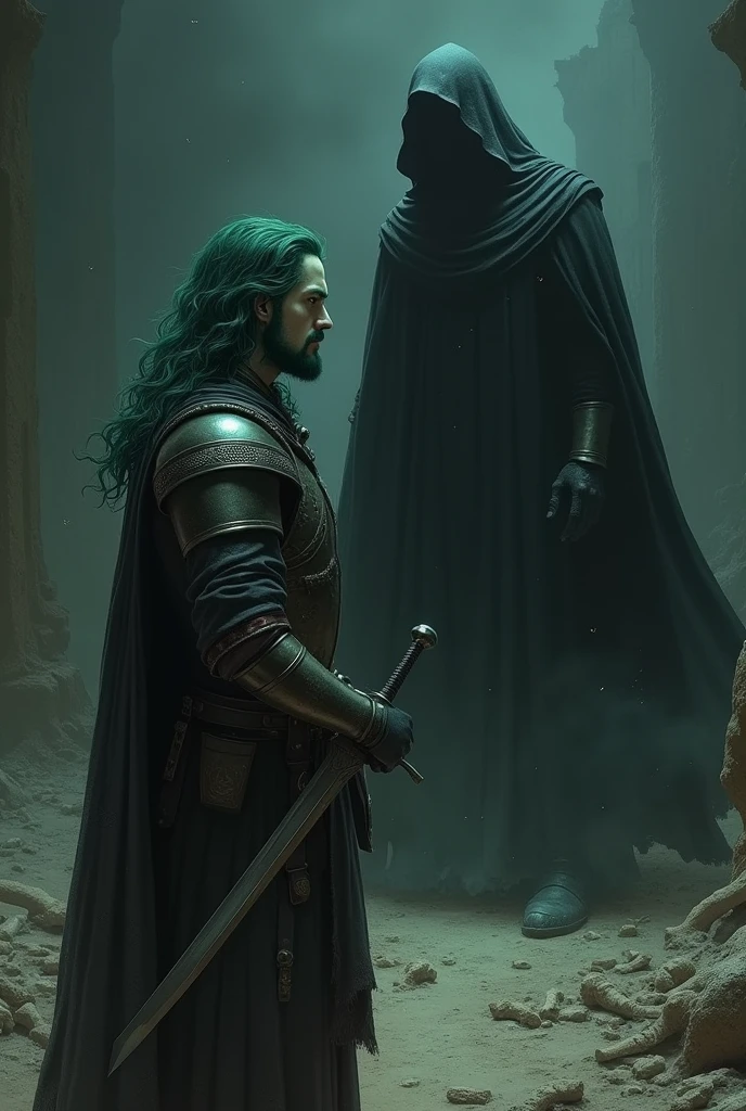 This man has almond shaped eyes, square face, green eyes, wavy hair.,offwhite,has a sword and aura,and he doesn't have a beard,It's Night,knight clothes,e It's Night em um ambiente vazio com ossos ,In an apocalyptic world,empty with little life,Hair forward ,smaller and potato nose,and the environment is dark,sem beard,e It's Night,is returning from a battle exhausted,Eland he doesn't have a beard,he has smooth, hairless skin,has no mustache,He doesn't have a beard,he also has weapons in his belt.Now make him fight his dark self