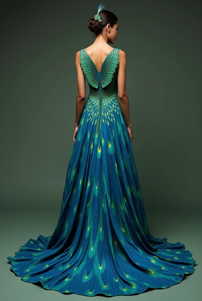 Give me a model of a dress representing the national bird of Honduras in blue and green, with wings on the back of the dress, showing the dress from the front

