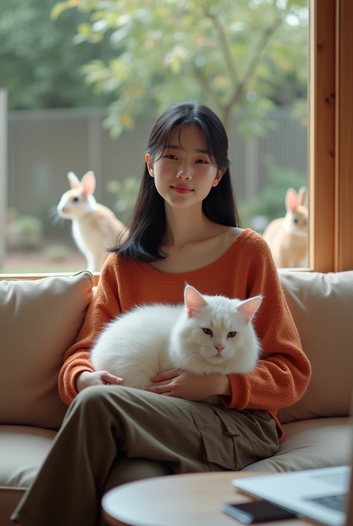 Beautiful Korean girl, smooth white skin, well-groomed face, thin smile, straight black hair tied up, red-orange knitted shirt, dark brown cargo pants, sitting on the sofa with a big white Angora versia cat, on the table there is an iPhone laptop, in the background behind the open area of the zoo there are rabbits, which look authentic, real and realistic in the photo