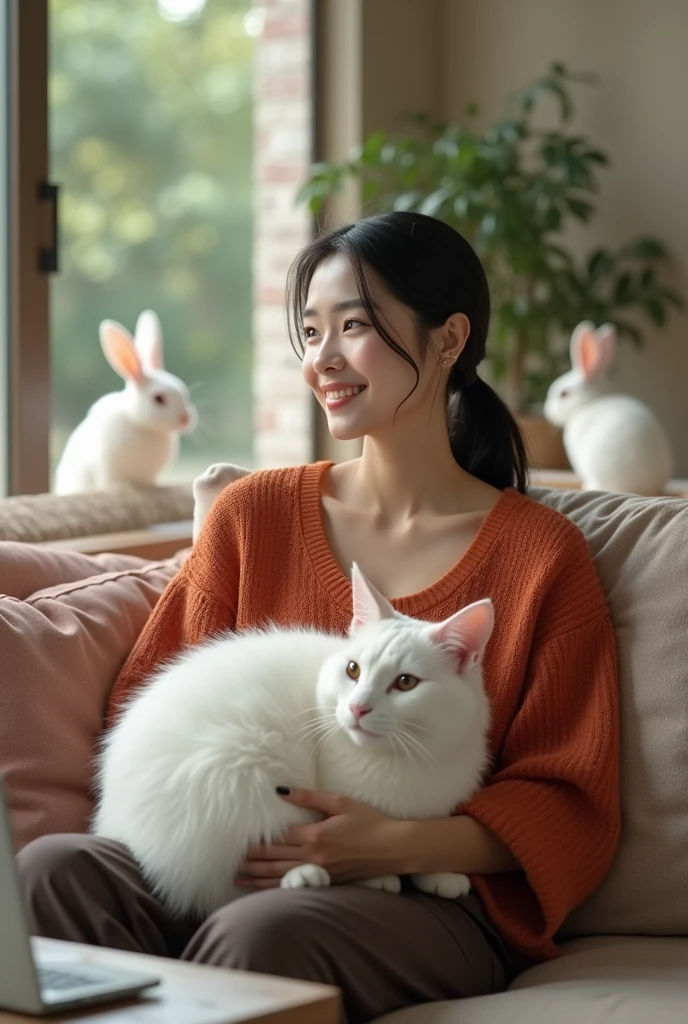 Beautiful Korean girl, smooth white skin, well-groomed face, thin smile, straight black hair tied up, red-orange knitted shirt, dark brown cargo pants, sitting on the sofa with a big white Angora versia cat, on the table there is an iPhone laptop, in the background behind the open area of the zoo there are rabbits, which look authentic, real and realistic in the photo