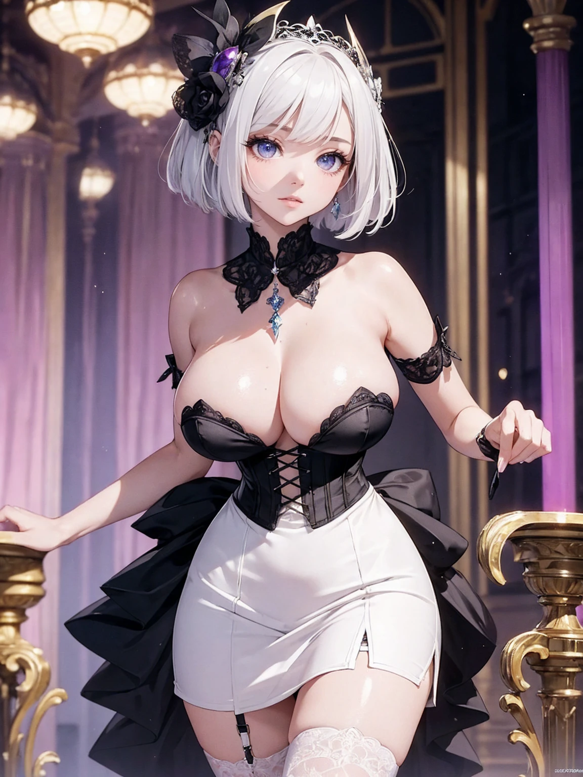 (Absurd Resolution:1.2), (ultra detailed:1.2), (masterpiece:1.2), (Photorealistic), (top-quality), BREAK (cute 1girl), (ager), (finely detailed beautiful face:1.2), (ultra-fine-Purple-cute-eyes:1.2), (Expression ultra detailed Glitter Pupil), (ultra detailed Expression eyelashes), BREAK (ultra-detailed-bob-cut-white-hair, parted bangs), (beautiful Glossy lips), (slim body and gigantic breasts:1.3), narrow waist, leggy, curvy is body without muscles, BREAK (glossy realistic pale skin texture:1.2), (4 defined fingers), (1 defined thumb), beautiful breathtaking expression, BREAK (ultra detailed black corset dress, skirt, Garter stockings:1.2), Ribbon on head, BREAK Seductive pose, (Crisp focus:1.2), (full body shot, shoot from front, high angle shot), professional lighting, BREAK ultra detailed Royal Palace Indoor, She is standing with an apple in her hand, This is the venue for the masquerade ball,