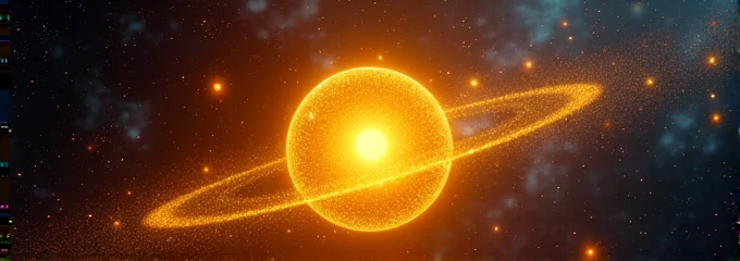 A yellow-orange nucleus with atoms orbiting on it with an outer space background with stars.