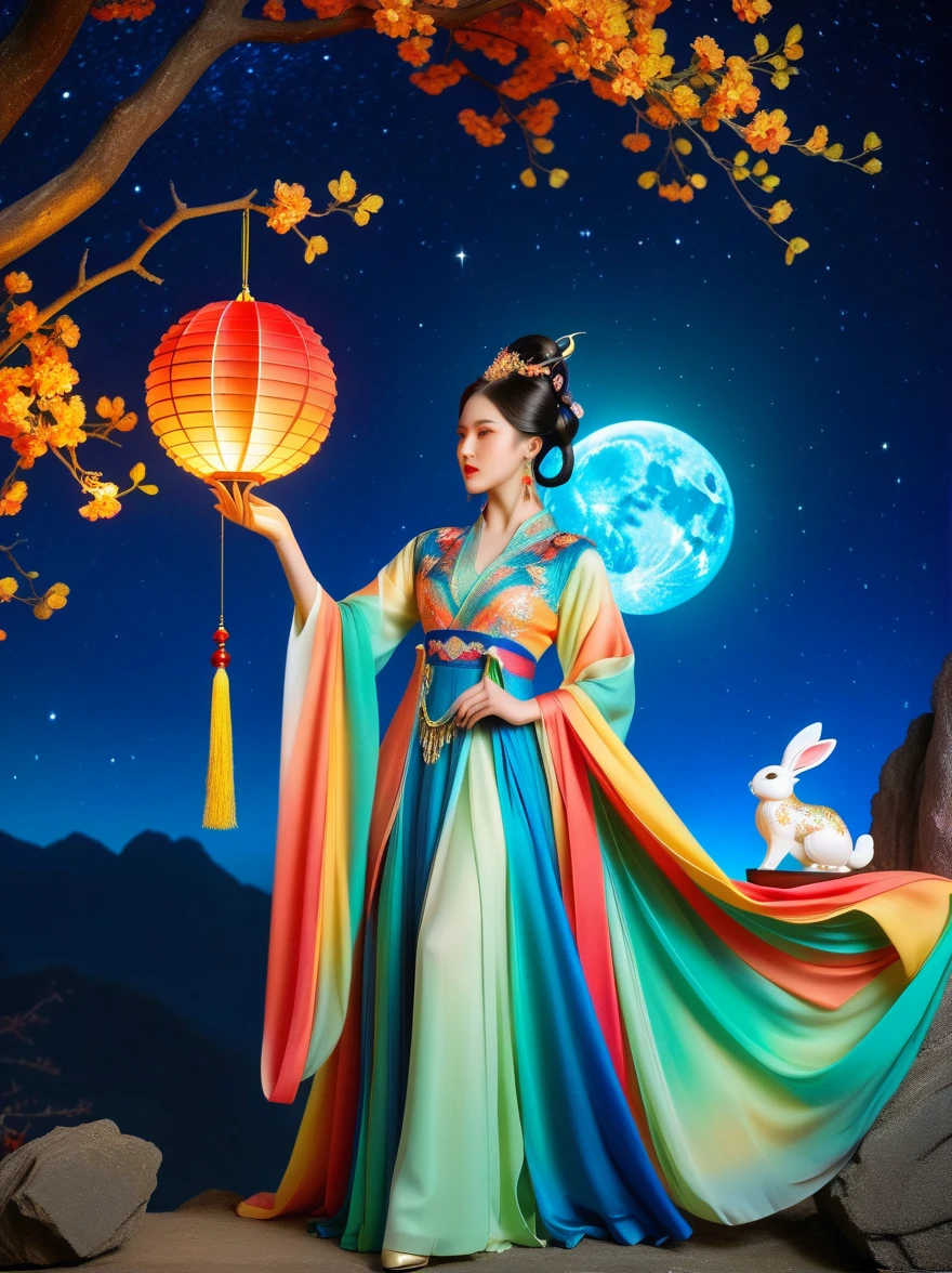 Three-dimensional ancient style, vivid Chinese aesthetics, elegant ancient Chinese fairy, Chang'e holding a mooncake, moon rabbit, starry sky, osmanthus tree, woman in luxurious seven-color rainbow Hanfu on a cliff gazing at the stars, stunning facial features, (full body:1.4), vibrant colors, sparkling attire with glittering stone patterns, shoes of semi-transparent crystal, seven-color gradient fluorescent ribbons, exquisite, light wave, traditional, delicate, perfect composition, ultra HD, crescent earrings, raised eyebrows, phoenix ornament, forehead gemstone, National style, Acrylic, Immortal aura, Mint green tones, Normal perspective, Trend on Artstation