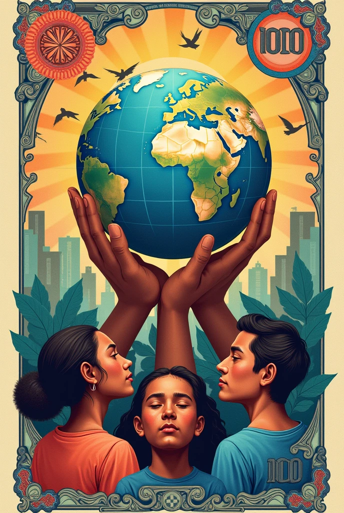 A 100 globalons bill with a logo of a world with people of different ethnicities holding it, with an anti-counterfeit mark of some pigeons in one corner of the bill