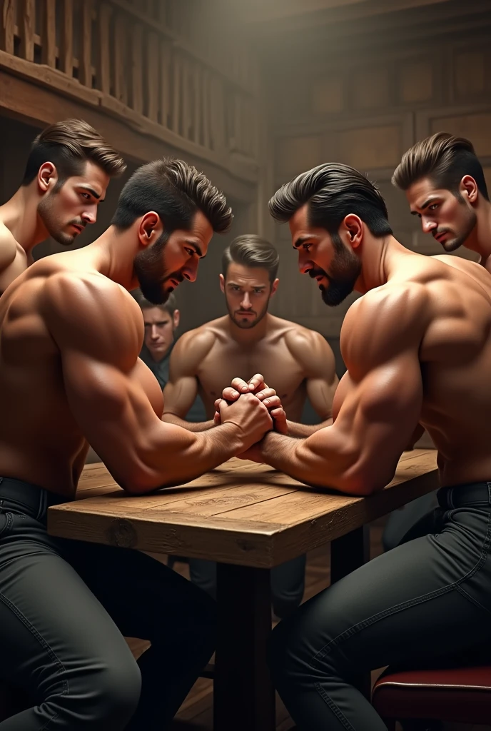 2 beautiful handsome men sitting playing arm wrestling strength games in a cowboy bar while the other 3 handsome men look at him betting on a beautiful young man