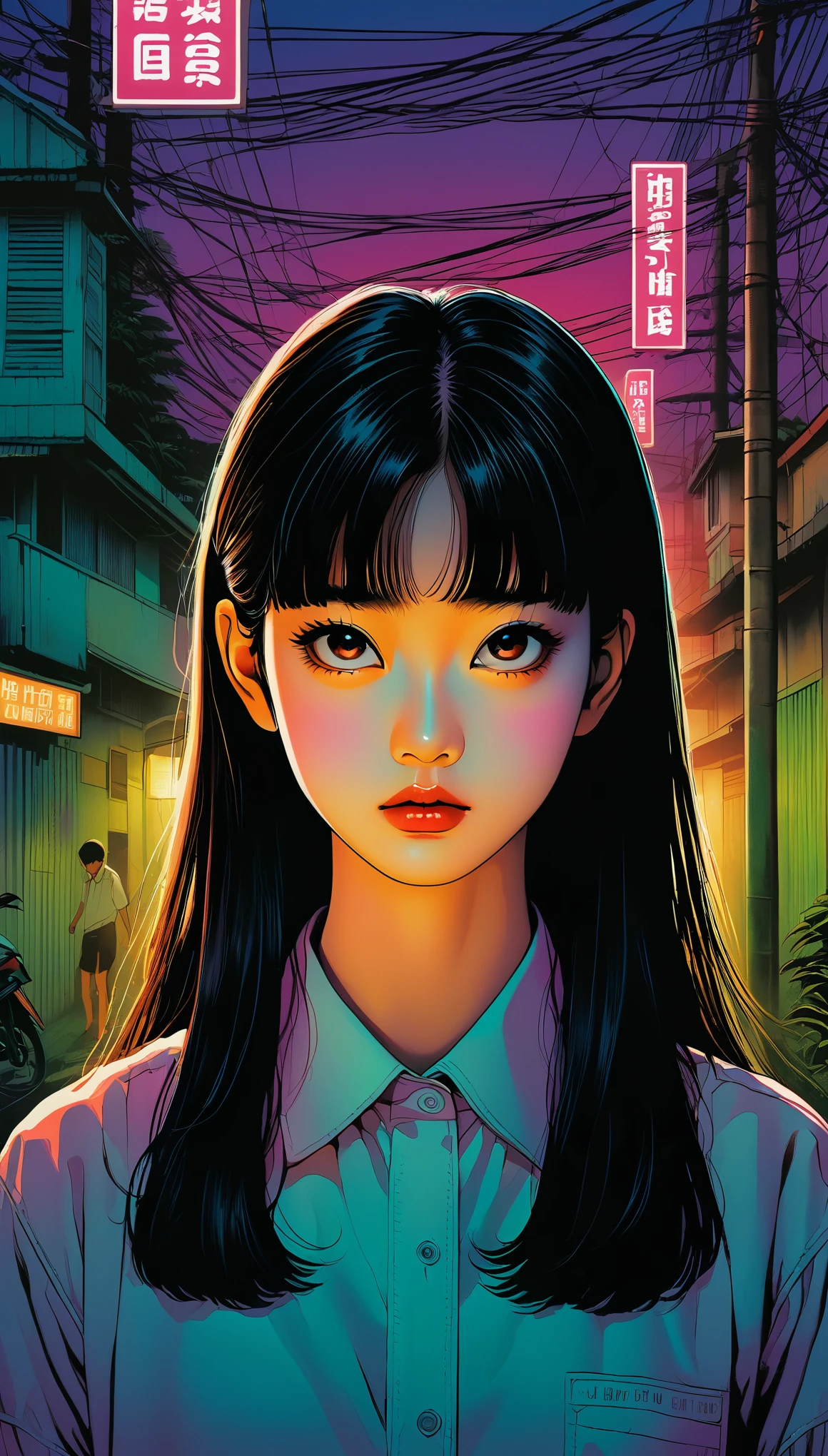 An illustration、art、80s Thai horror movie poster, Supervised by Junji Ito、(high :1.0)、night、Town、Attention to detail, Realistic Shadows、Analog Style, chromatic aberration, Surrealism、Complementary Gradient