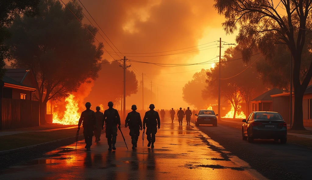 2024 Canberra city in chaos; soldiers marching in the streets; burned houses