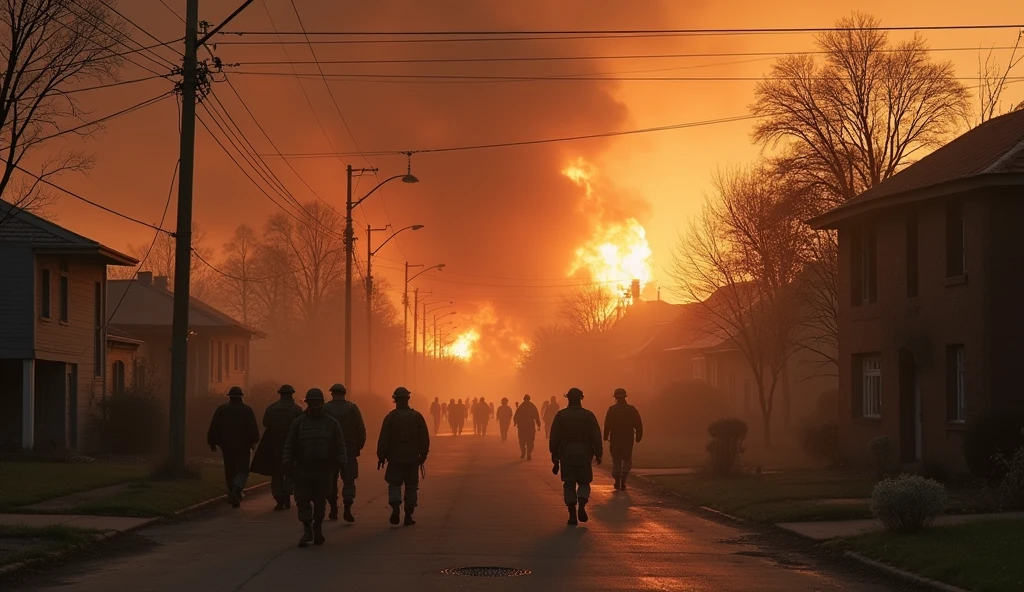 2024 Canberra city in chaos; soldiers marching in the streets; burned houses