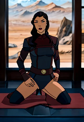 Avatarkorra, uniform, her legs spread open, lifting skirt, looking at viewer, 