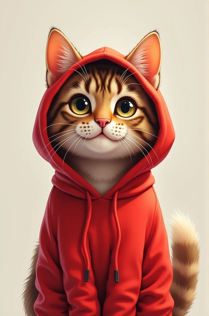 A cat wearing a red hoodie
