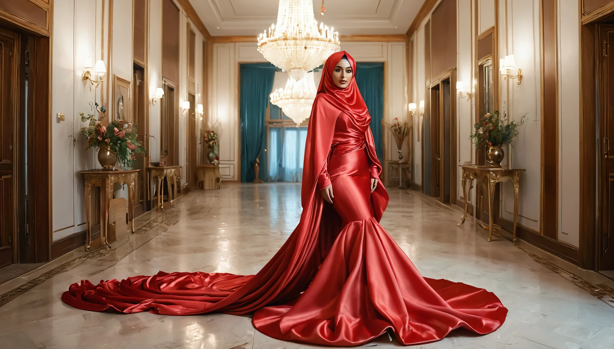 A woman shrouded in a 4-meter-long, plush red satin cloth, tightly bound and grandly draping along the form of her body, flowing off into a pooled floor-length train, styled in a mermaid-inspired outfit, her head modestly veiled in a satin hijab, tall woman, walking in room, a full-body pose posing in front of people, captured in a 4k resolution, ultra-realistic