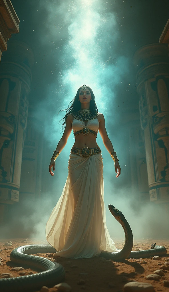 Close-up shot, Low angle shot, (An ethereal image of Cleopatra’s spirit rising from her body, surrounded by a mystical glow. Her face is serene, her expression one of peace and transcendence. The background is a blend of ancient Egyptian symbols and a starry sky, symbolizing her transformation into something divine and eternal. The serpent is coiled at her feet, watching as her spirit ascends.) unreal engine, cinematic, hyper-real, highly detailed, Ultra realistic HD --q 2 --v 6.1 --ar 9:16 -