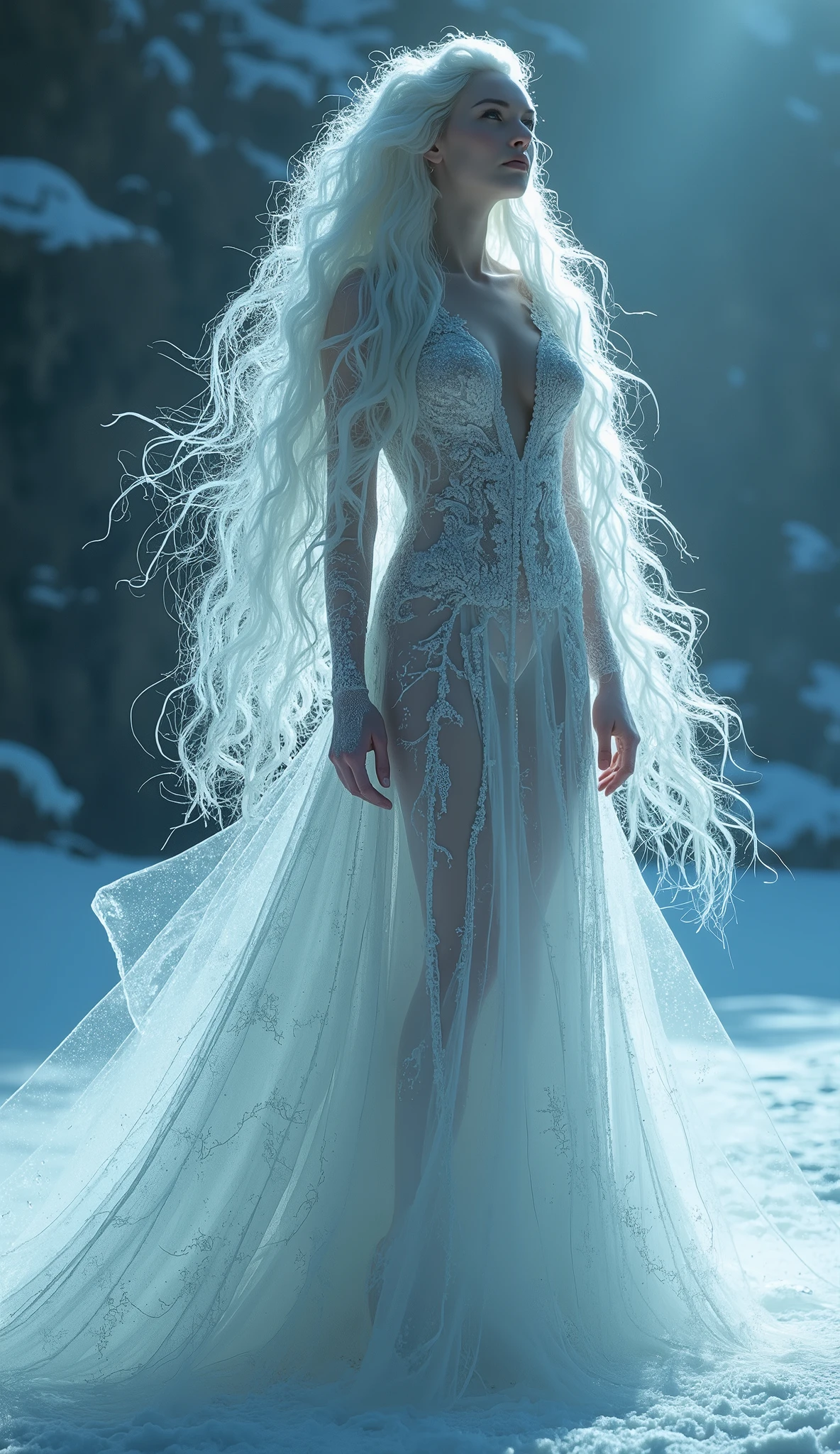 avant garde style, dressed in frost-like pattern dress, frozen-like long fancy hair, platinum colored, full body shot, low angle, backlight