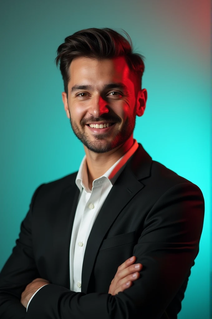 A young man with dark hair and a confident smile.
He is dressed in a black blazer over a white shirt.
The man is positioned against aqua colour backdrop with a subtle red lighting on the left side. and he posing for Linkedin profile