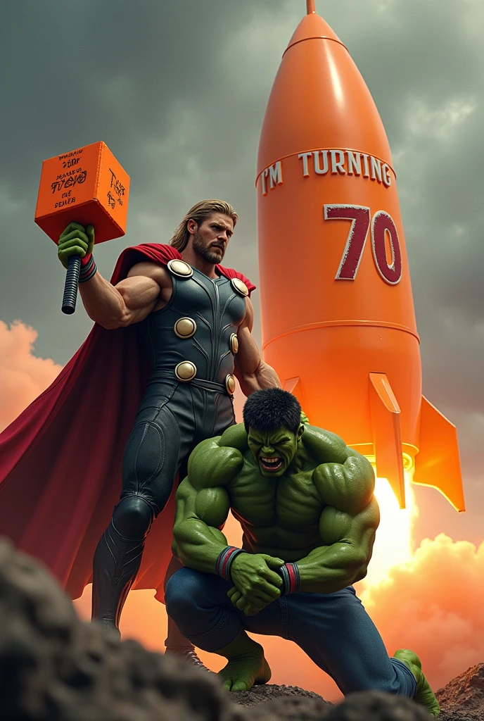 Make Thor with an orange mallet with the number 70, and the Hulk on his knees crying, and behind them an orange rocket with the phrase ( I'm turning 70)