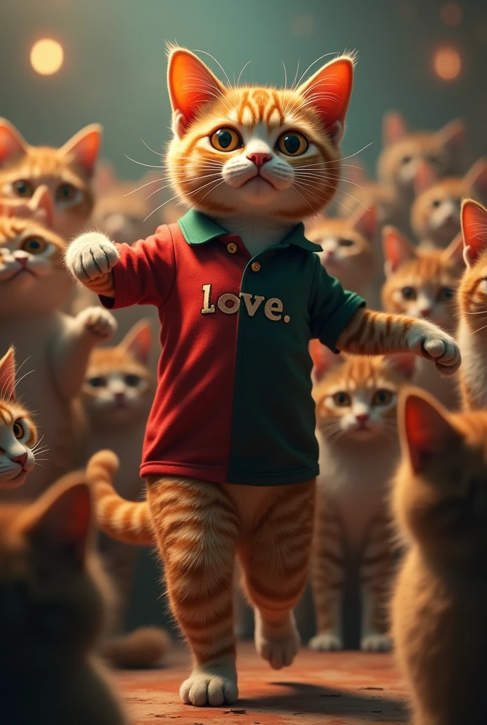 an anthropomorphic cat, dancing, around many cats looking at it, red green, black polo with letters love lights effect, ultra-realistic, ultra-realistic 3d 16k.